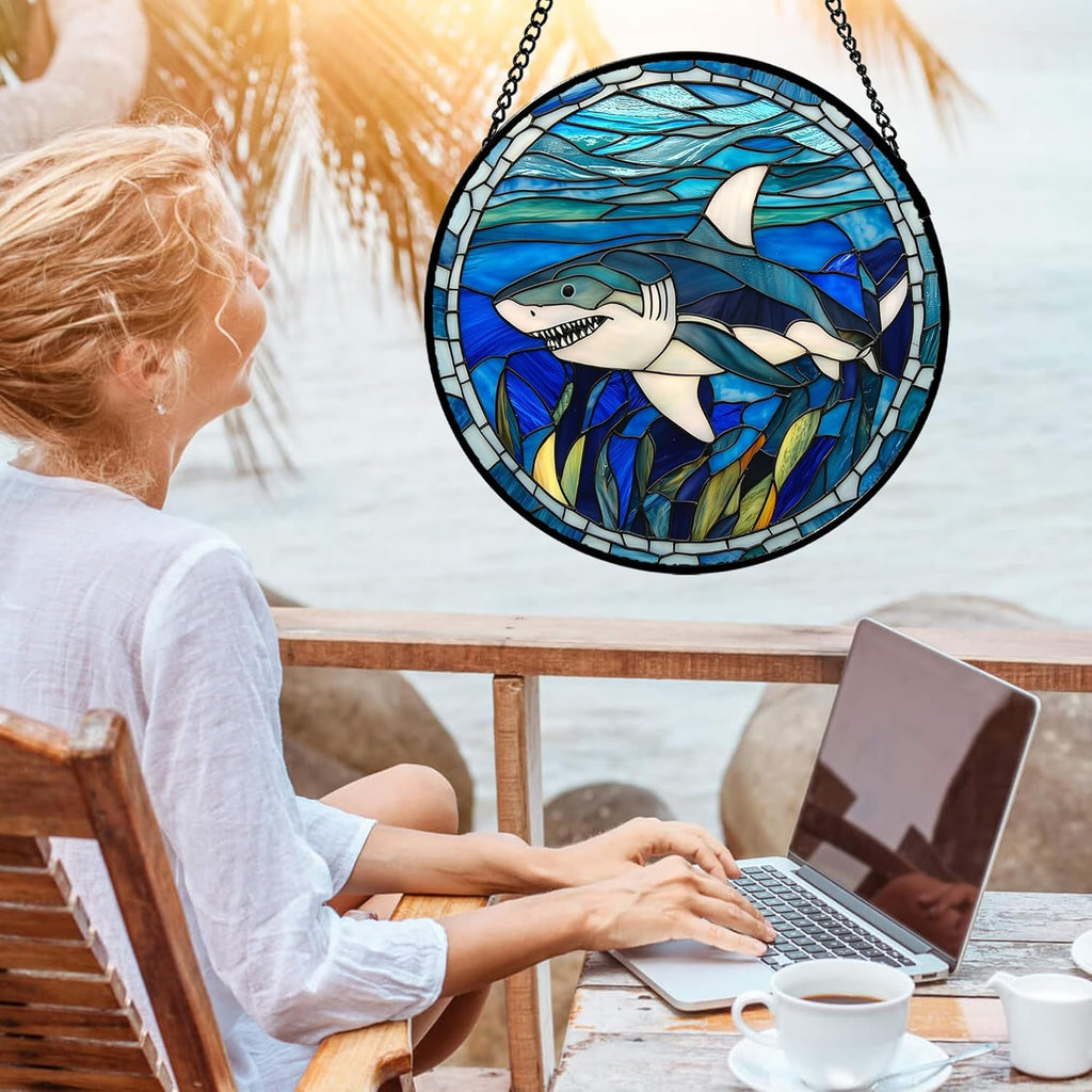 Stained Glass Suncatcher, Blue Ocean Big Shark Sun Catcher Waterweed Stain Glass Window Hanging Decoration Mother's Day Birthday Gifts for Women Men Mom Nana 6.3 in