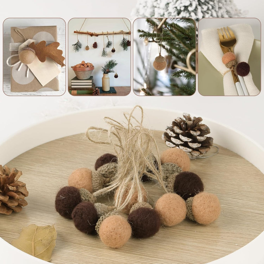 12pcs Felt Acorn Ornaments for Woodland Christmas Tree Mini Realistic Brown Handmade Acorns for Decorations Seasonal Trees Farmhouse Mantel Wall Decor