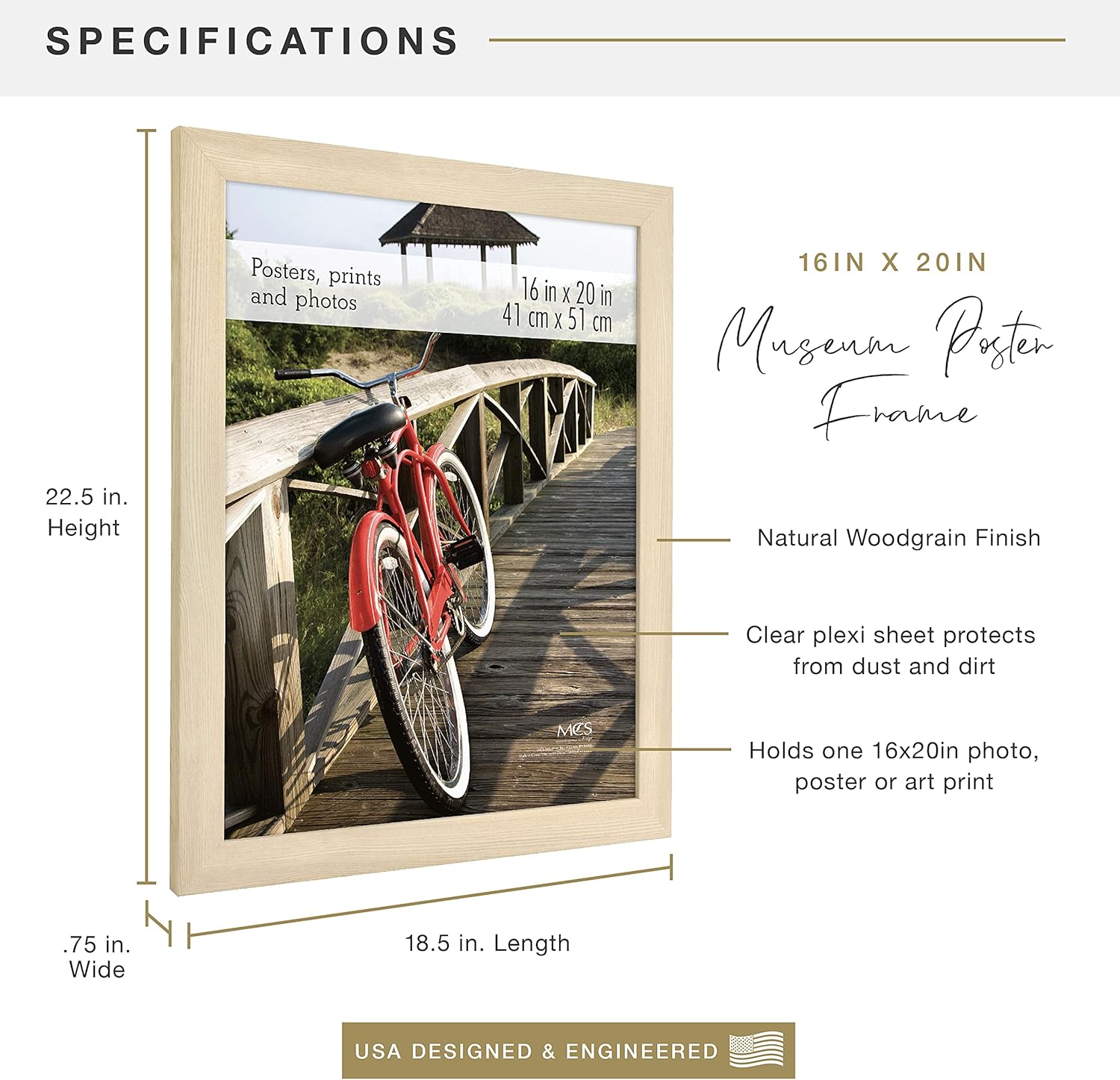 MCS Museum Poster Frame 16x20 Natural Woodgrain, Vertical & Horizontal Wall Hanging Large Picture Frame for Photos, Posters & Art Prints (1-Pack)