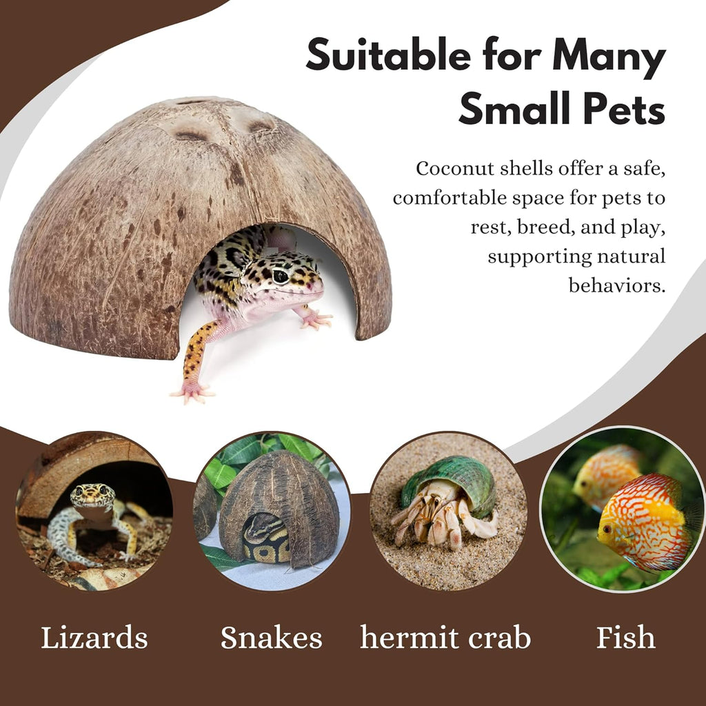Natural Coconut Shell Hideout Cave, 5" Aquarium Fish & Reptile Hide Cave, Leopard Gecko Tank Accessories, Crested Geckos, Hermit Crabs, Spider, Snails & Small Lizards Climbing Toy & Decor