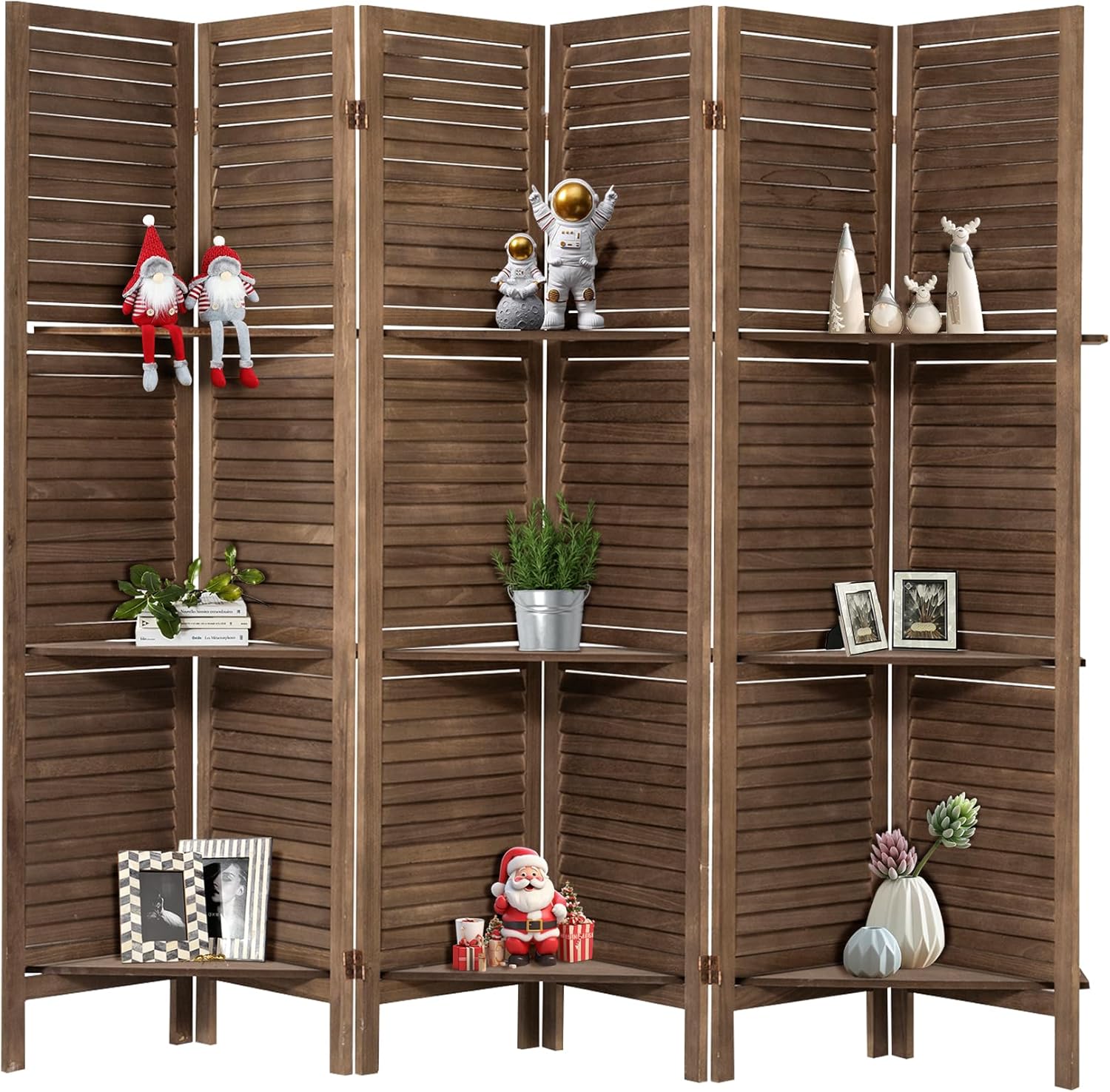 6 Panel Room Divider with Shelves Wood Privacy Screen Partition Room Dividers Folding Freestanding Room Screen Divider with Display Shelves for Home Office Studio Apartment, Dark Brown
