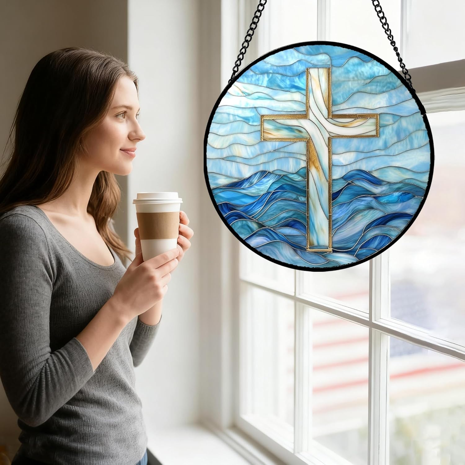 Christian Gifts for Women - Blue Cross Stained Glass Window Hanging Jesus Easter Ocean Waves Sun Catcher Garden Religion Decor Mother's Day Catholic Gift for Men Grandma Mom Her Nana 15"