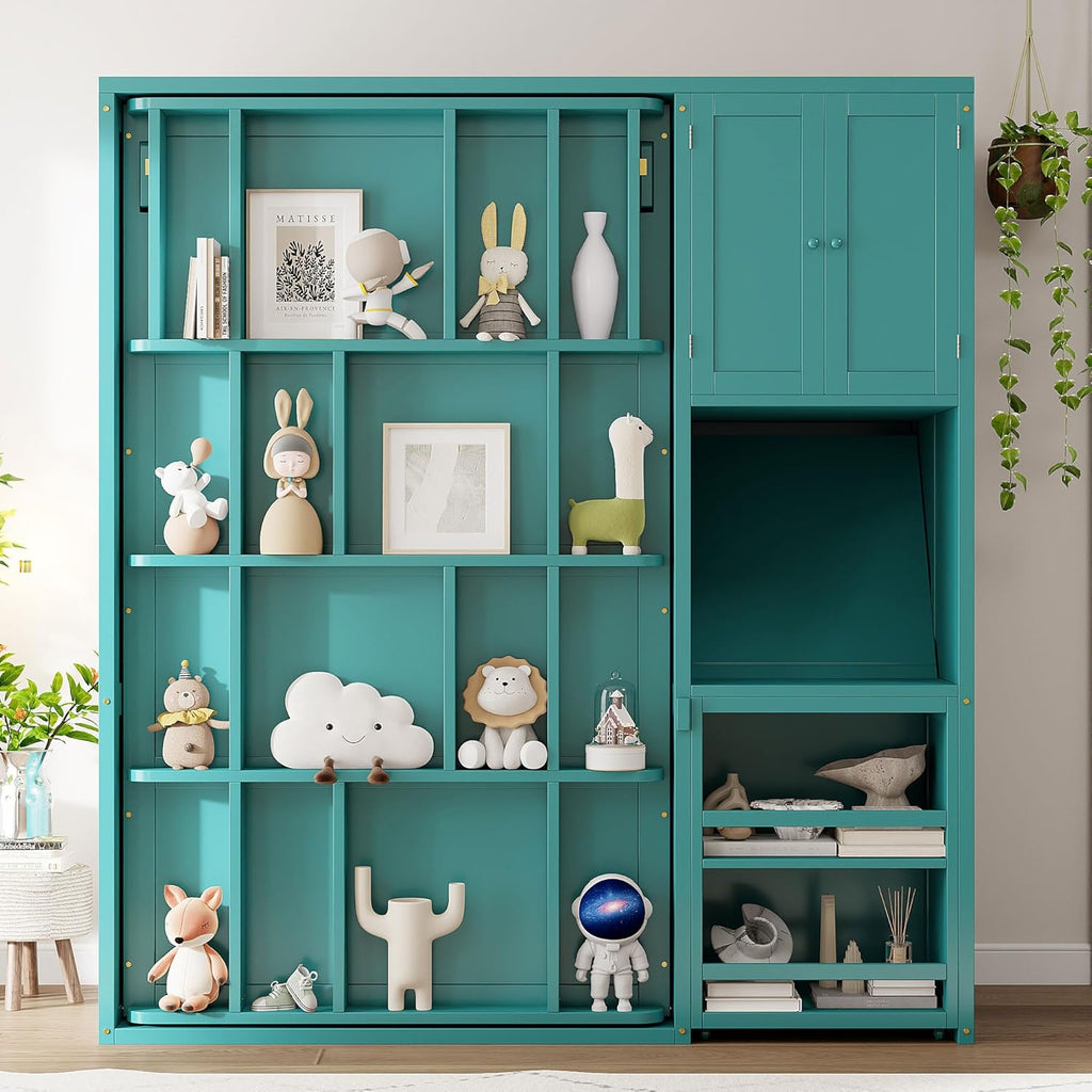 MERITLINE Twin Murphy Bed with Storage Bookcase Bookshelf, Extendable Desk and Cabinet, Wood Rotatable Hidden Murphy Bed with Desk and Shelves,for Adults (Teal)