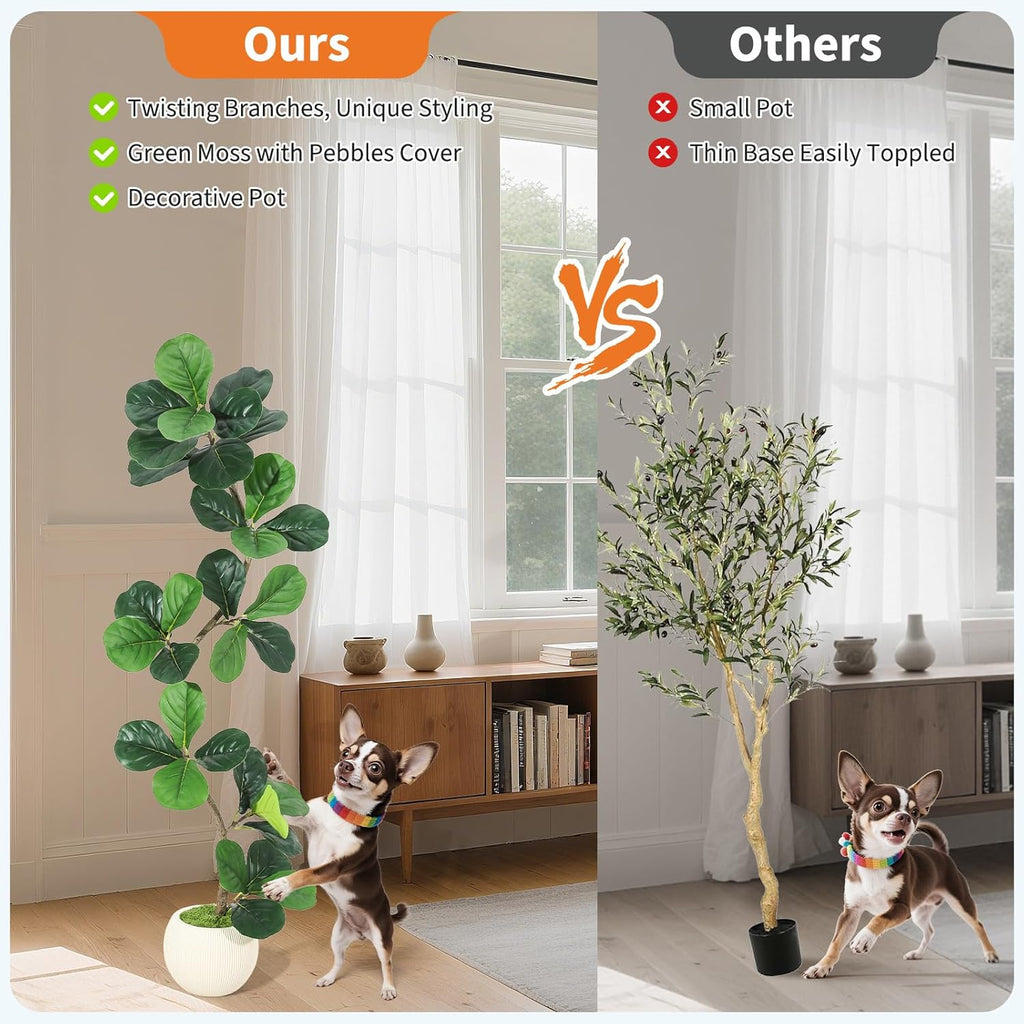 GarveeHome Fiddle Leaf Fig Artificial Tree with White Planter,5 ft Faux Plants Indoor with Moss, Fake Rubber Tall Fake Floor Plant in Pot - Artificial Trees for Home Office Living Room Decor