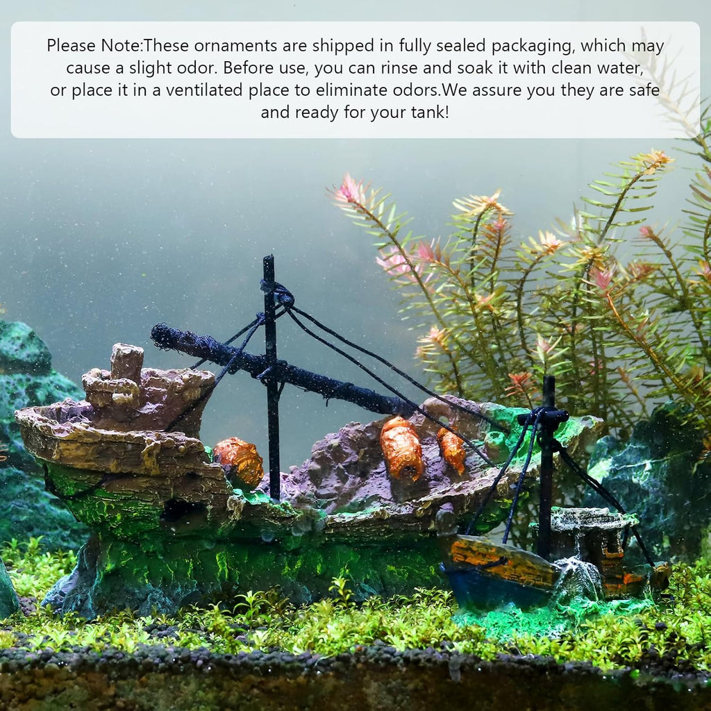 Small Boat Aquarium Decorations Resin - Sunken Shipwreck Fish Tank Ornament for Aquatic Adventure Scene-Approx. 4.9" L x 2.4" W x 3.9" H (Small Boat)