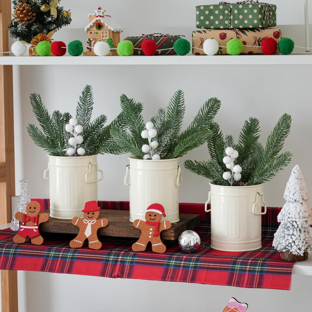 White Christmas Centerpieces for Tables, 3 Pack Mini Christmas Artificial Pine Tree with Berries in Metal Pots, Farmhouse Winter Tabletop Xmas Decorations for Home, Mantel
