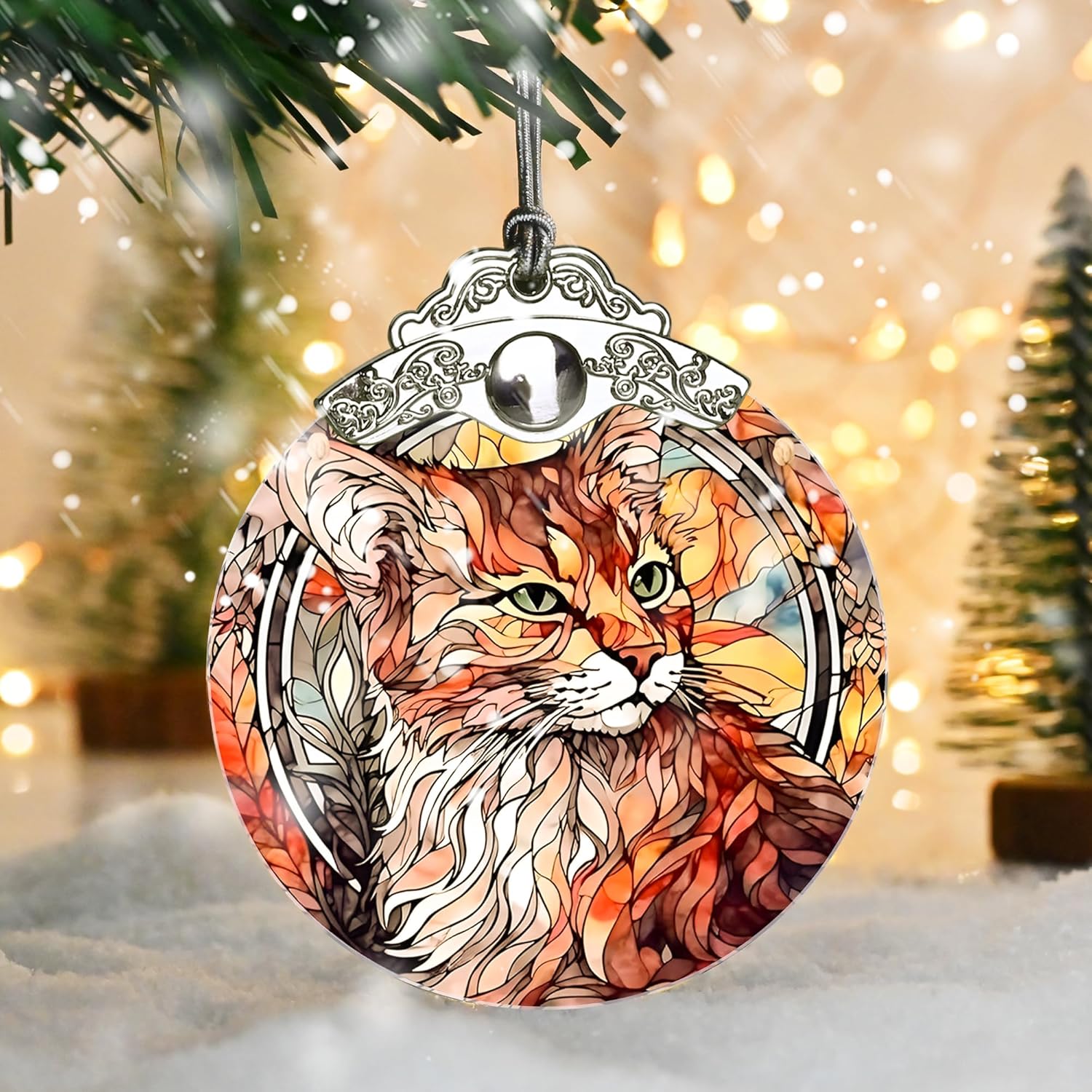 Stained Glass Christmas Ornament, Jocidea Cat Christmas Decorations, Christmas Tree Ornament, Cat Lovers Gifts, Holiday Decor and Xmas Gifts Ideas