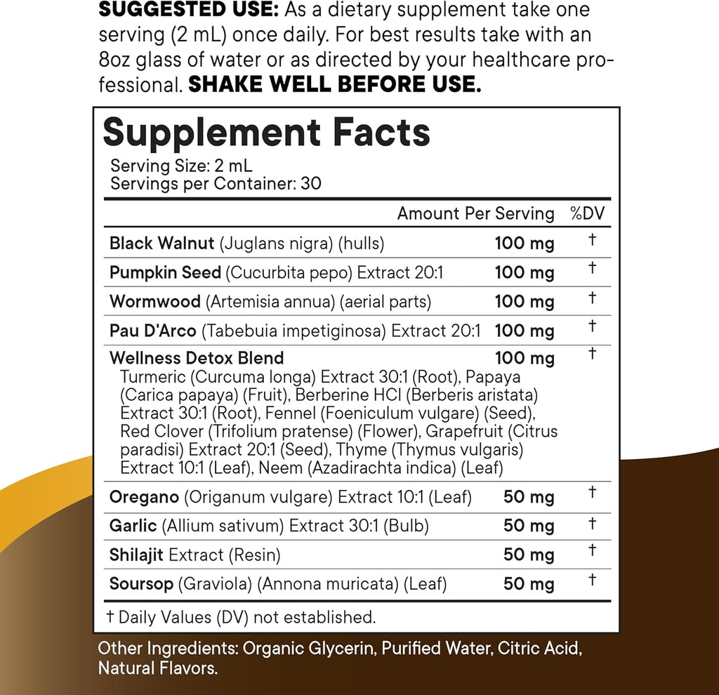 Black Walnut Wormwood Cleanse Drops - Liquid Soursop, Garlic, Pumpkin Seed, PAU D'Arco, Oil of Oregano, Turmeric, Berberine, Neem Extract, Hull Bark, Tincture - 2oz
