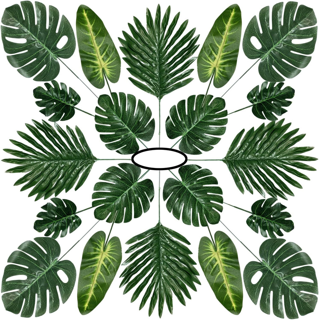 60 Pieces 5 Kinds Artificial Palm Leaves with Faux Stem, Tropical Party Decorations Jungle Monstera Leaves Safari Leaves for Hawaiian Luau Party Jungle Beach Table Leave Decorations