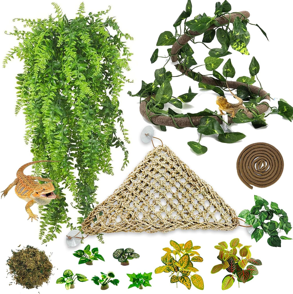PINVNBY 14 PCS Reptile Plants Sets, Bearded Dragon Hammock, Terrarium Hanging Plant Vines Artificial Leaves, Reptile Habitat Climbing Decorations for Chameleons, Lizards, Geckos, Snakes