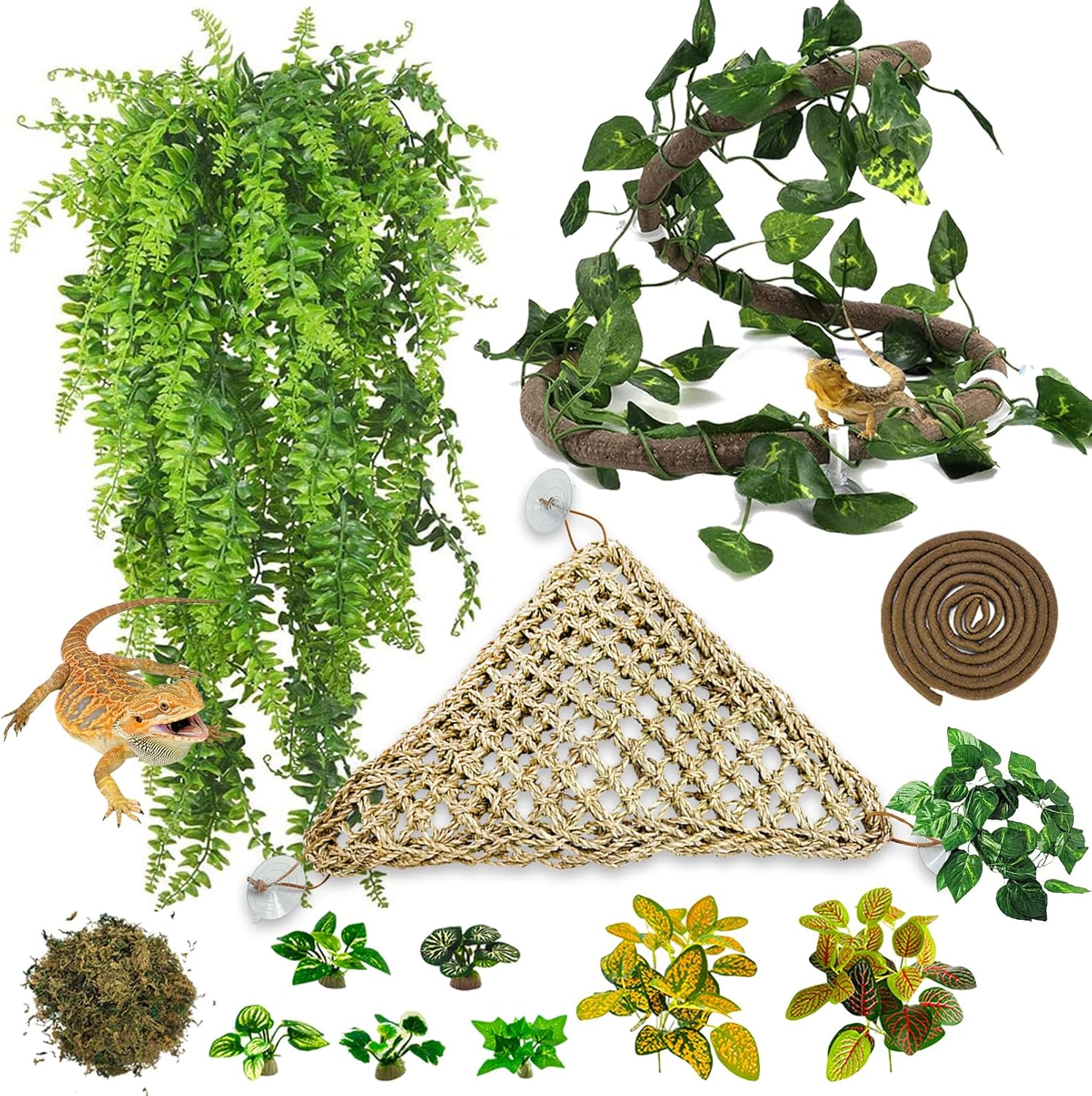 PINVNBY 14 PCS Reptile Plants Sets, Bearded Dragon Hammock, Terrarium Hanging Plant Vines Artificial Leaves, Reptile Habitat Climbing Decorations for Chameleons, Lizards, Geckos, Snakes