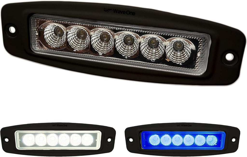 Wave One Marine Dual Color LED FLUSH Mount Spreader Light | Boat Deck Flood Beam | Stainless Hardware | IP68 Waterproof | High Lumen | 12-24 Volt DC Input (BLACK)