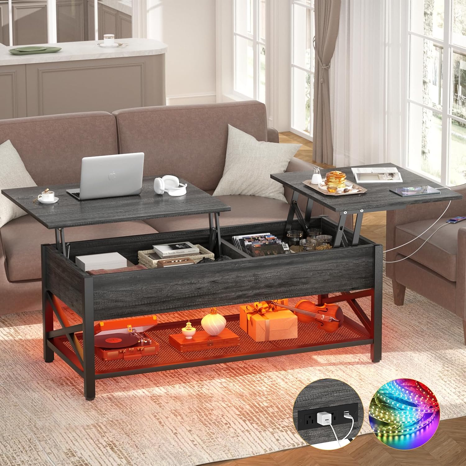Aheaplus Lift Top Coffee Center Table with LED Light and Power Outlet, Modern Table with Storage Shelf for Living Room, Lift Tabletop, X Support, Metal Frame, Black Oak