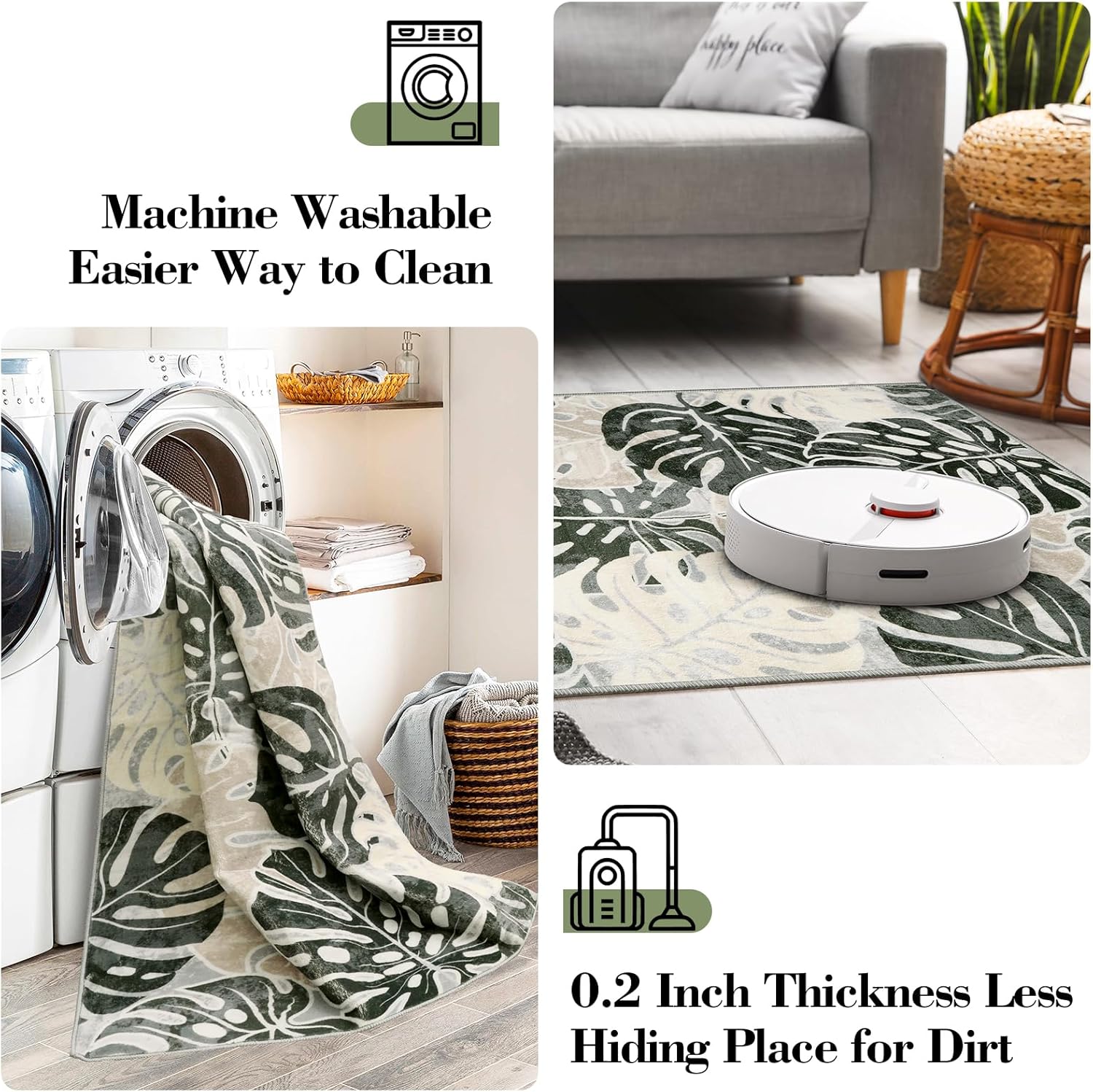 Wonnitar 2x3 Leaf Entryway Rug, Washable Small Indoor Rug for Front Door Entry, Non-Slip Tropical Monstera Kitchen Carpet Soft Low Pile Bath Mats for Bedroom Bathroom, Dark Jungle Green