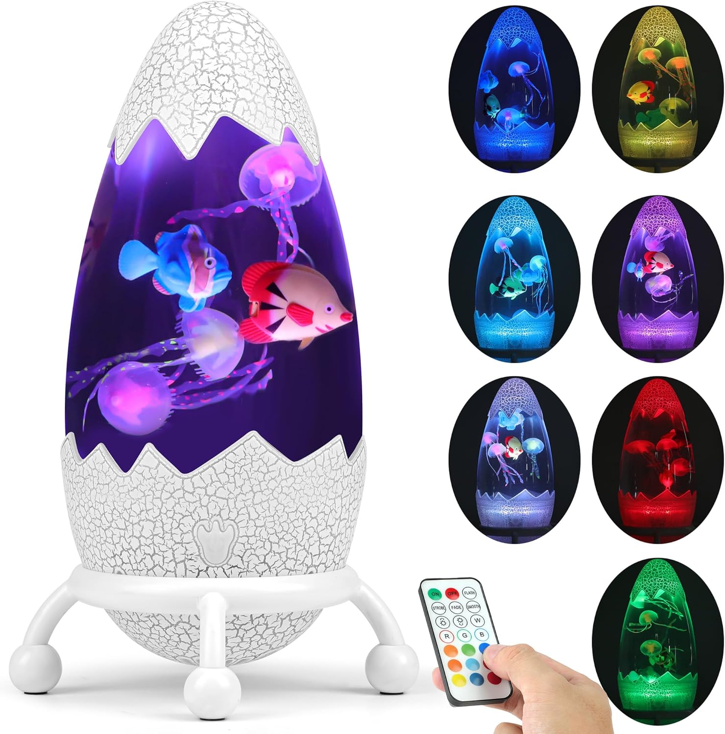Dinosaur Egg Night Light-Glowing Jellyfish & Fish Table Lamp with Cracked Design,USB Powered Jumbo Dinosaur Egg Jelly Fish Light with Remote Control for Kids Room Decor,Gift for Boys Girls