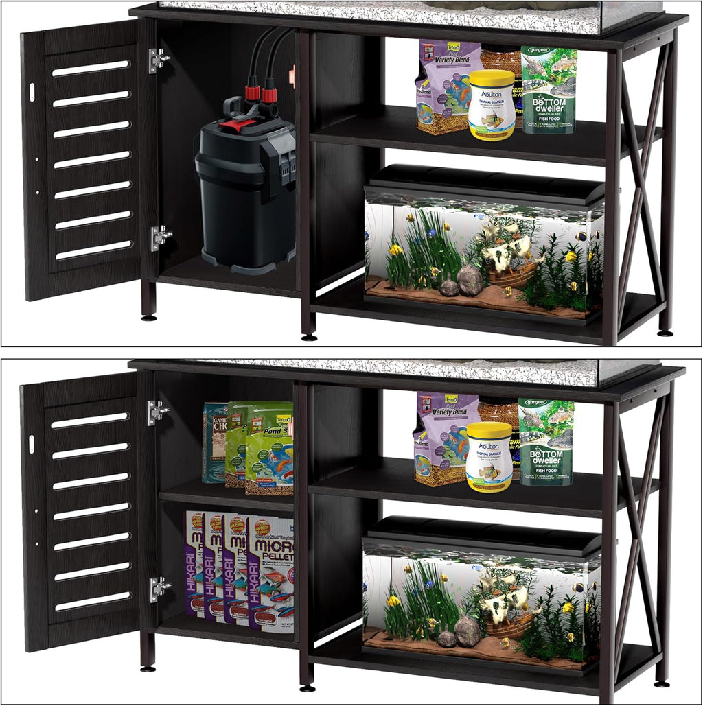 55-75 Gallon Fish Tank Stand,Aquarium Stand with Cabinet Accessories Storage,Heavy Duty Metal Frame,Aquarium Cabinet with Power Outlets 52" L*19.68" W Tabletop,1200LBS Capacity,Black PG05YGB