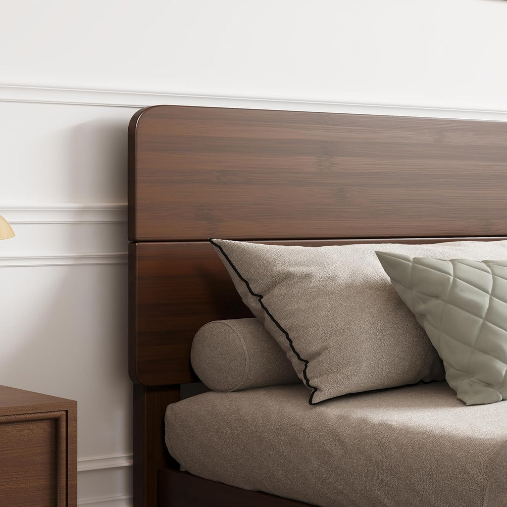 14in High Solid Bamboo Wood Platform King Size Bed Frame with Headboard, Reinforced Heavy Duty Metal Slats, Noise Free, No Box Spring Needed, Easy Assembly, Walnut