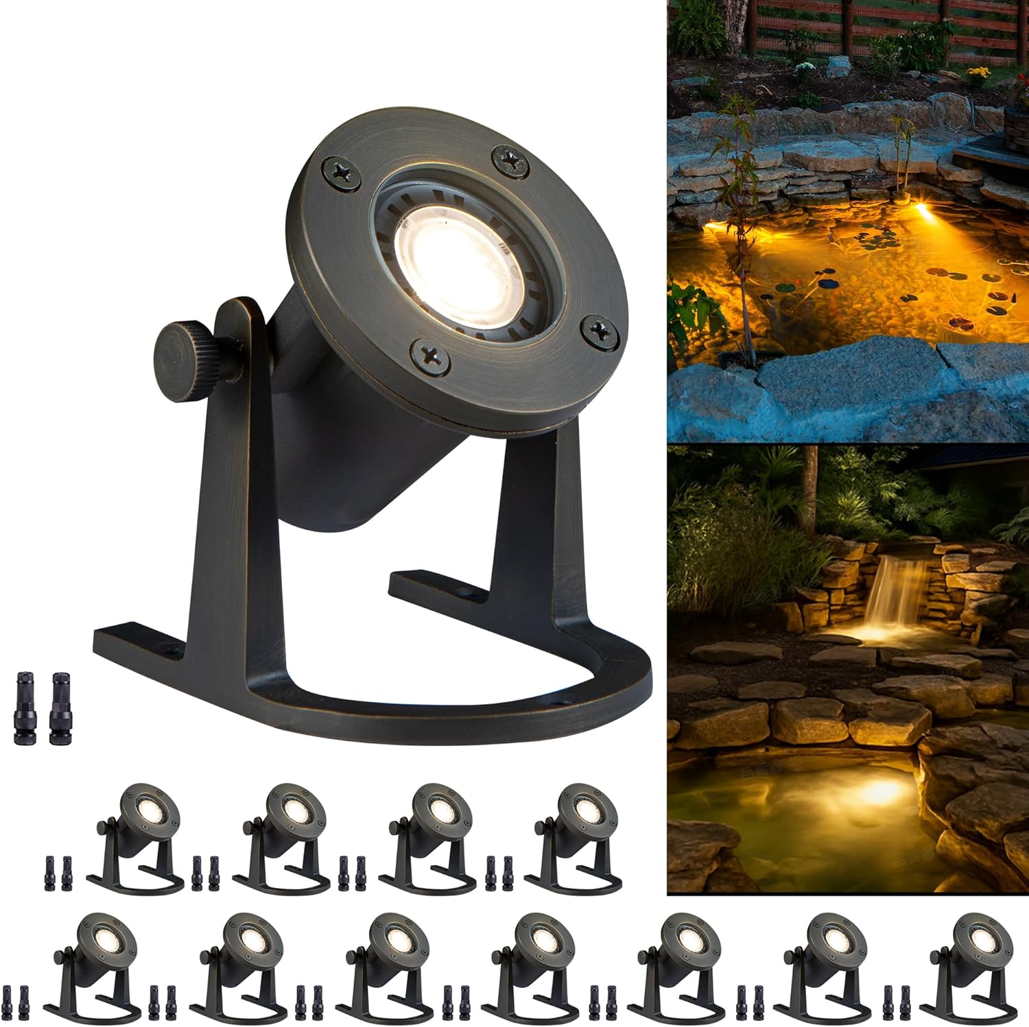 Gardenreet Low Voltage Brass Pond Lights Submersible - 12V IP68 Waterproof Bronze Pondlight, Solid Brass Fixture with Warm White MR16 Bulb for Outdoor Fountains, Waterfall, and Garden Accents(12 Pack)