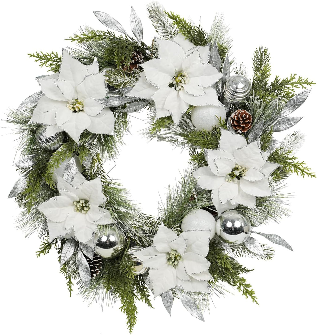 Christmas Wreath Artificial Wreath with White/Silver Balls, White Poinsettias and Silver Leaves Multi-Element Decoration for Indoor & Outdoor Doors, Corridors and Fireplaces
