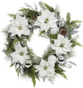 Christmas Wreath Artificial Wreath with White/Silver Balls, White Poinsettias and Silver Leaves Multi-Element Decoration for Indoor & Outdoor Doors, Corridors and Fireplaces