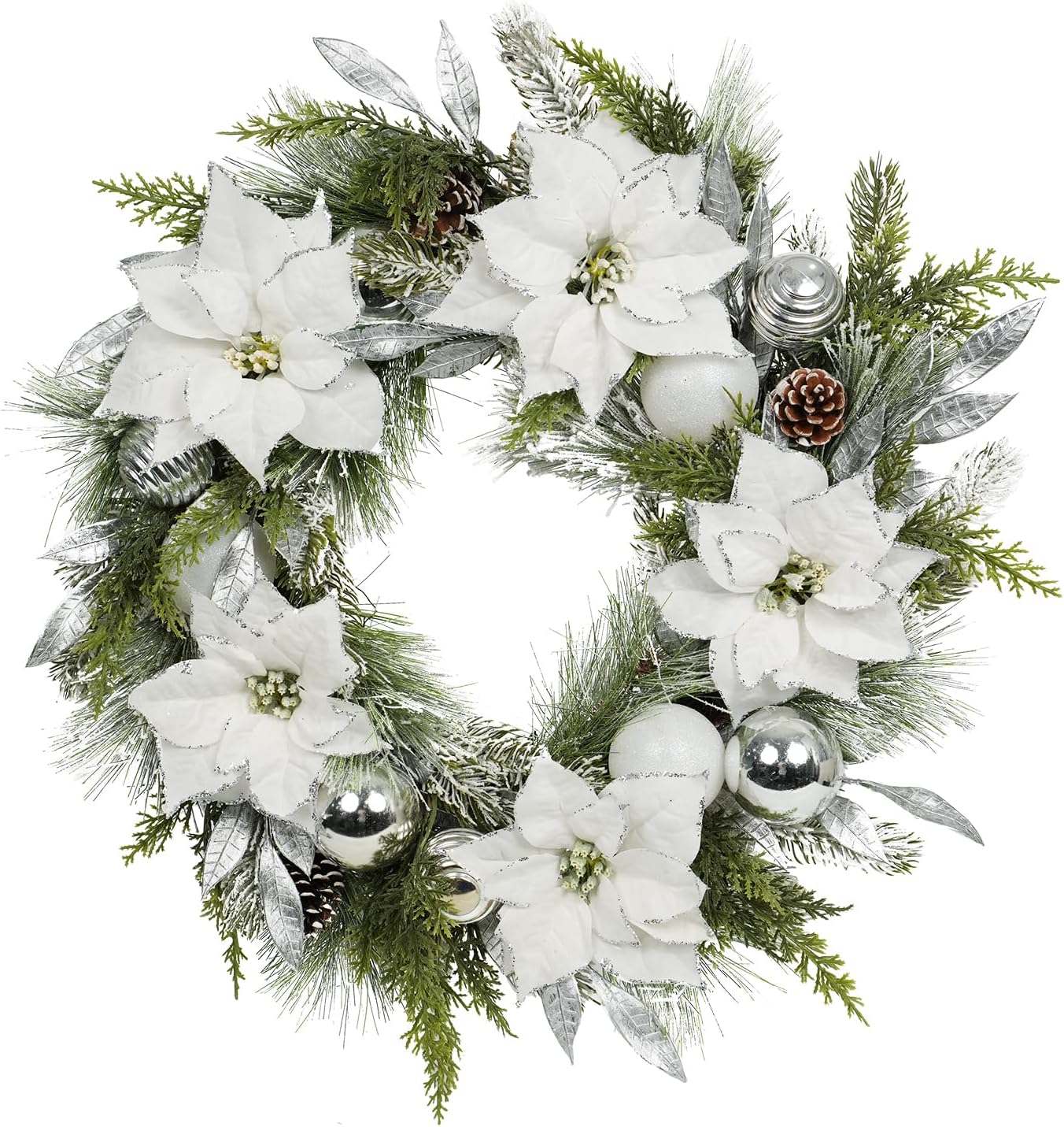 Christmas Wreath Artificial Wreath with White/Silver Balls, White Poinsettias and Silver Leaves Multi-Element Decoration for Indoor & Outdoor Doors, Corridors and Fireplaces