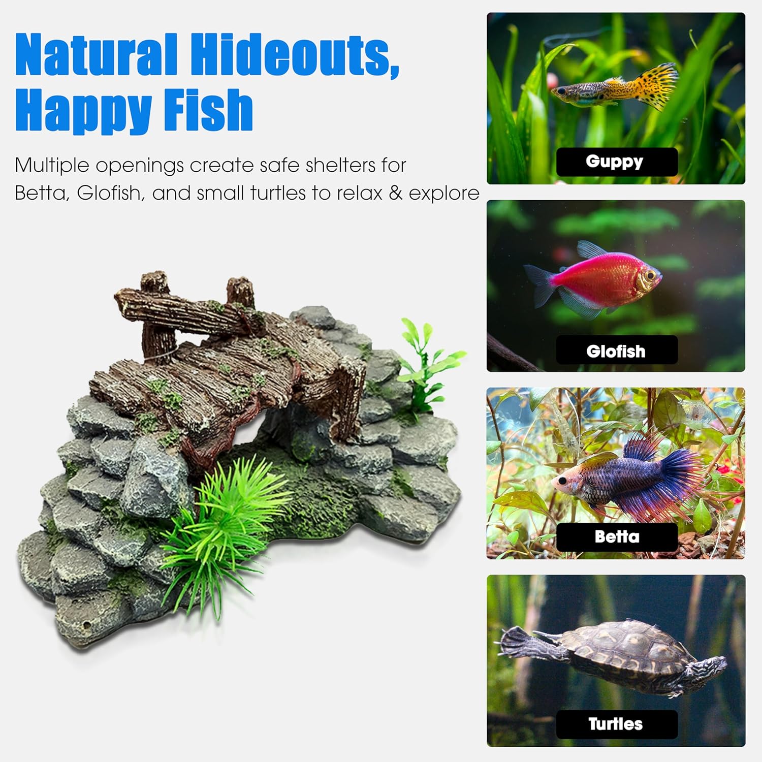 Aquarium Decor, Betta Fish Tank Accessories with Plants, Turtle Tank Decorations, Large Aquarium Ornaments, Fish Hideout, Decorative Accessories for Freshwater & Saltwater Tanks (Grass Bridge)