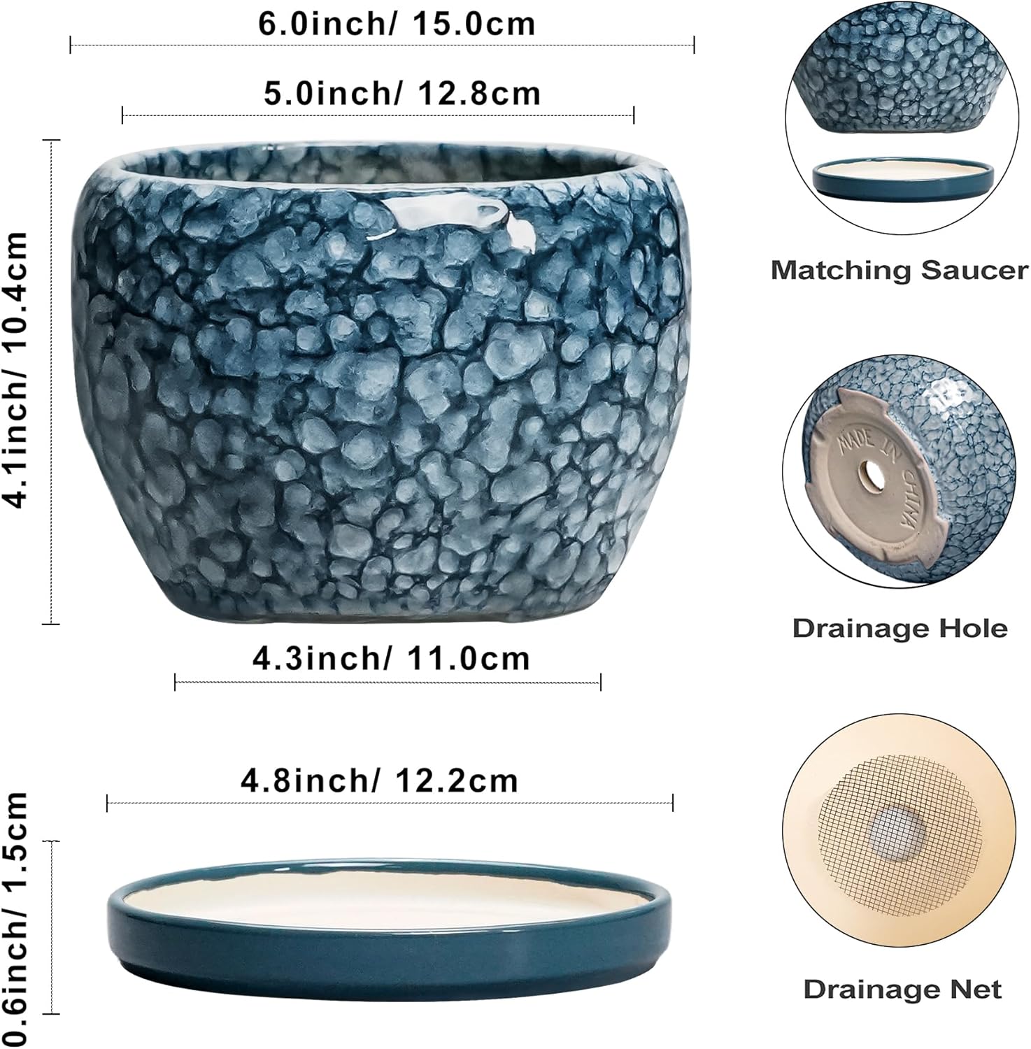 SQOWL Ceramic Pots for Plants - 6 Inch Plant Pot Indoor Outdoor, Ceramic Planter with Drainage Hole and Saucer, Decorative Round Planter, Small Flower Pot, Table Decor, Gifts for Plant Lovers, Blue