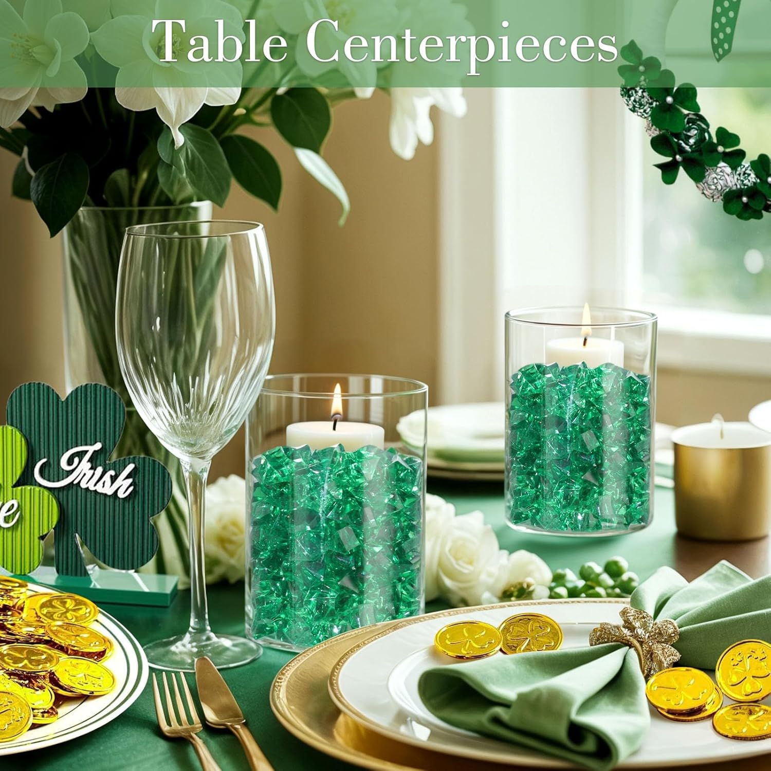 DomeStar 150PCS Fake Ice, Vase Fillers Green Acrylic Fake Diamonds Plastic Gems for Fish Tank Table Scatter Decoration