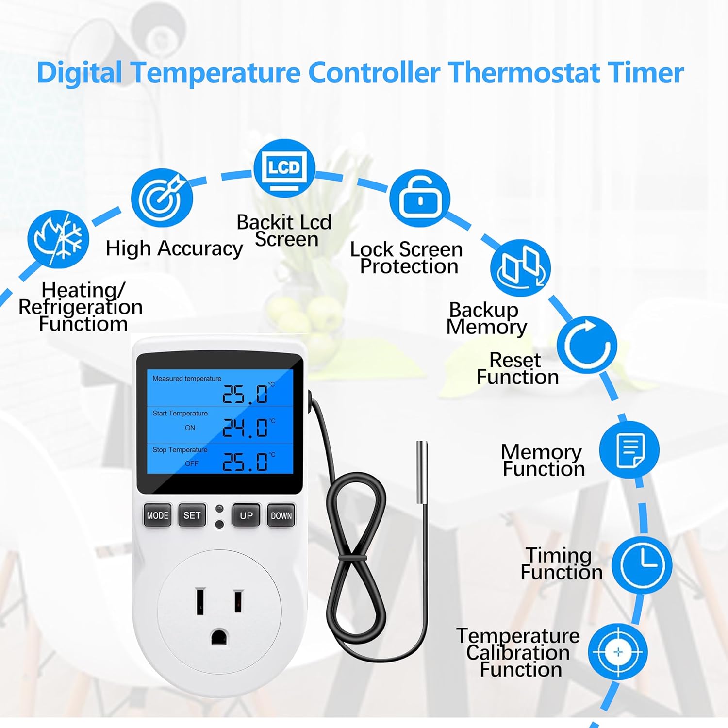 Diymore Digital Temperature Controller Outlet, 120V 15A Thermostat Socket with Heating Cooling Control, Celsius Fahrenheit Display, White
