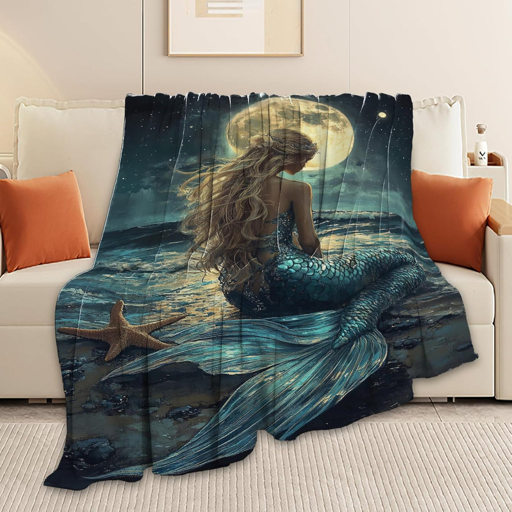 Mermaid Throw Blanket Beach Moon Night Mermaid Stuff Gifts for Kids Girls Boys Adults Women Men Soft Cozy Warm Plush Fluffy Fuzzy Fleece Blanket Decor 60''X80''