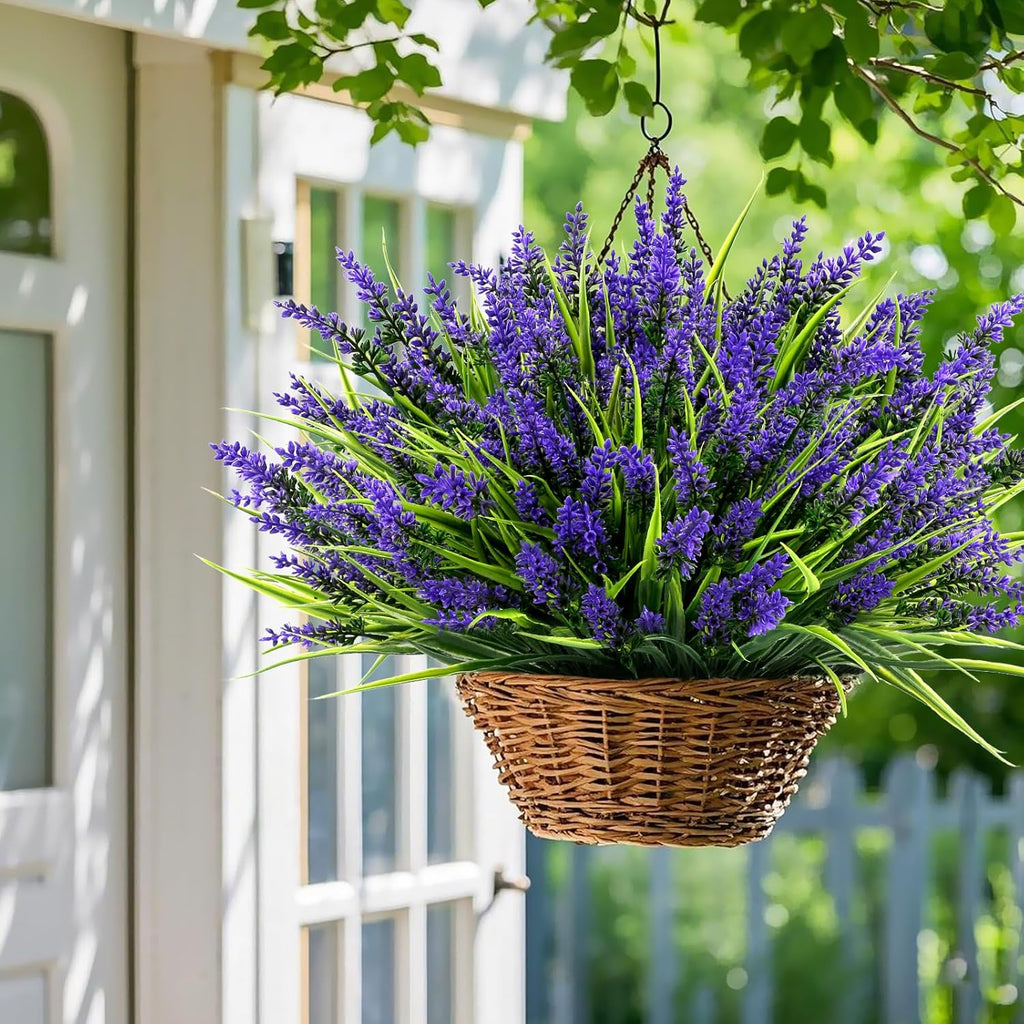 Geegoods 24 Bundles Artificial Plants Flowers Outdoor – Faux Lavender Flowers with Monkey Grass UV Resistant Plastic Faux Plants for Garden Porch Window Patio Hanging Planter Home Decor