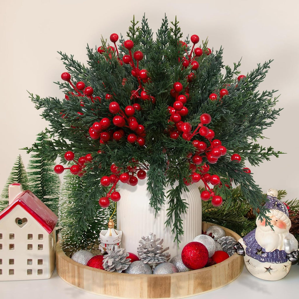 100 Pcs Christmas Artificial Pine Branches with Red Berry Stems 10.5" Faux Evergreen Norfolk Pine Cypress Leaves Stems, Fake Foliage Pine Needles Picks for Xmas DIY Craft Garland Home Decor