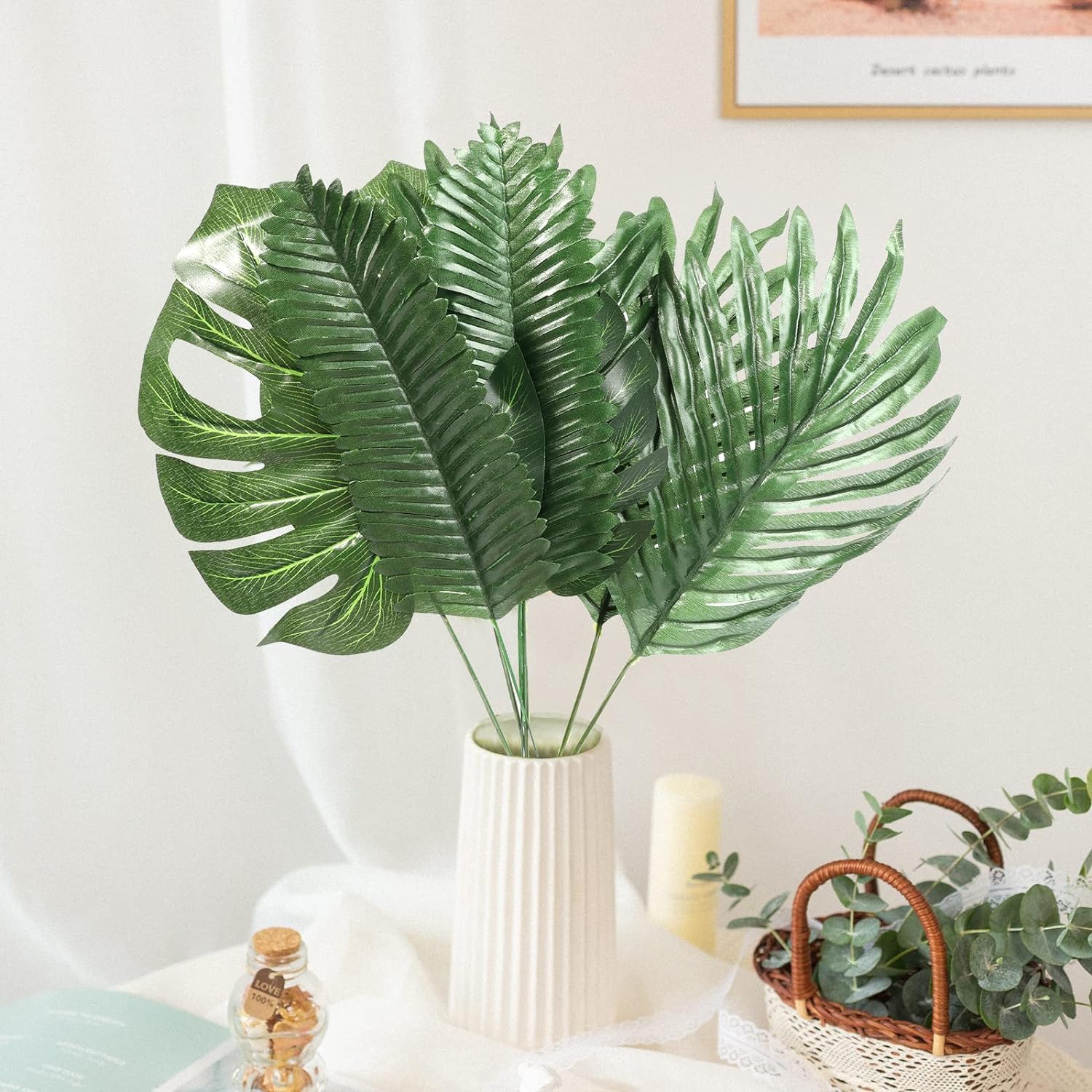 112Pieces 7 Kinds Artificial Palm Leaves Tropical Leaves with Stems Jungle Leaves Decorations for Hawaiian Luau Party Beach Baby Shower Wedding Birthday