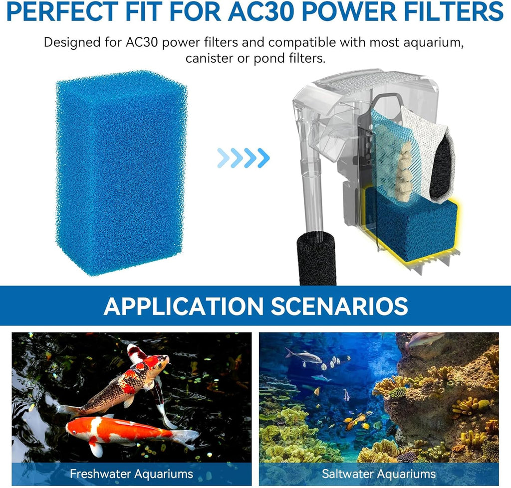 Bio-Foam for AC30 Power Filter - Replacement Aquarium Sponge Filter Media Foam Construction for Use in Freshwater & Saltwater Aquariums, 30PPI Sponge Pads (3 PCS)