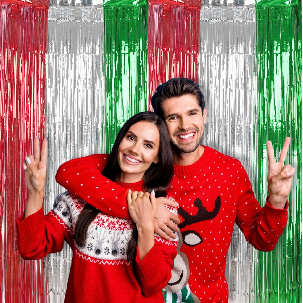 BRAVESHINE 2 Pack Fringe Backdrop Red Silver Green Christmas Party Decorations 3.2 x 6.6 ft Tinsel Foil Curtain Party Streamer Metallic Photo Backdrop for Christmas, New Year Decor