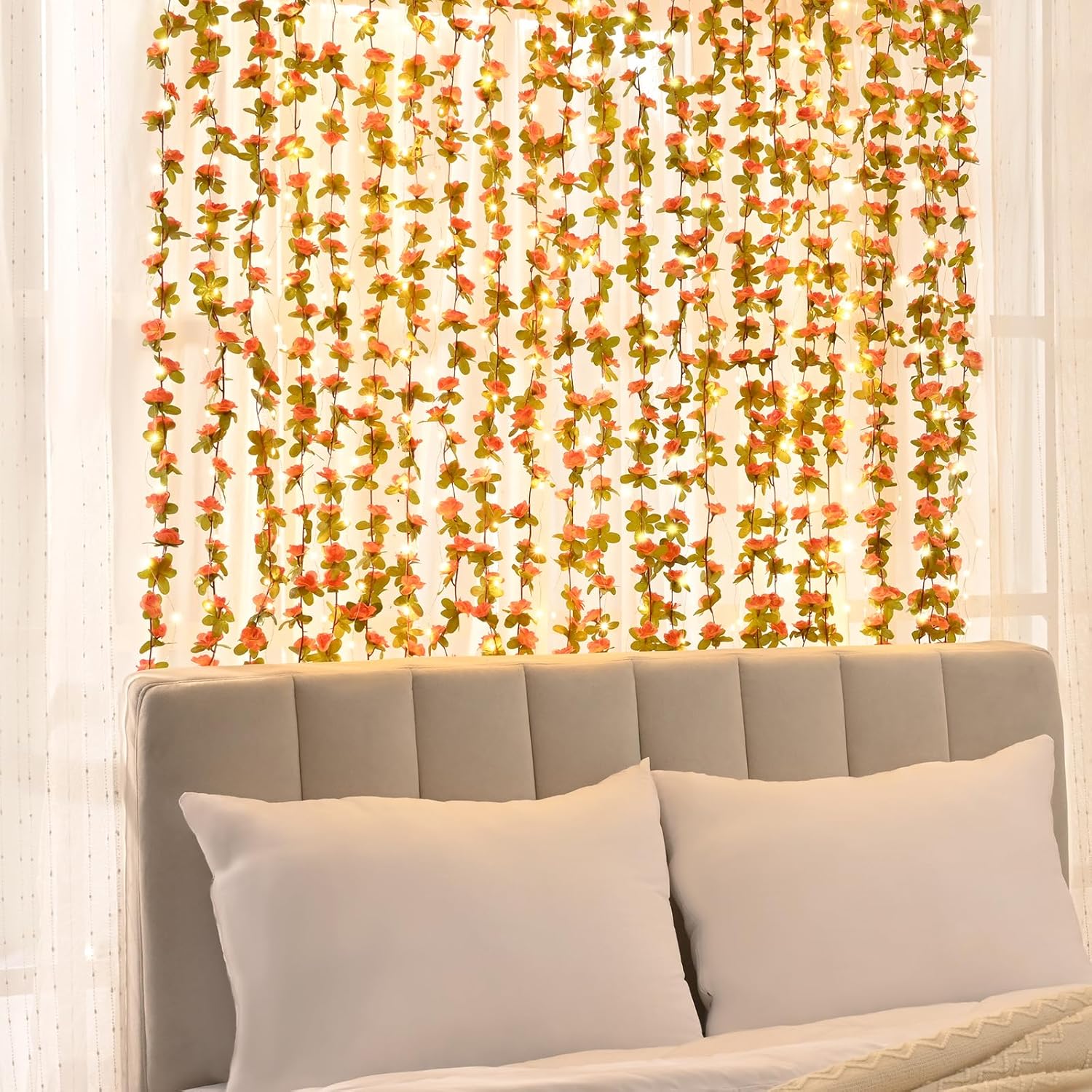 BLEUM CADE 5Pcs 41Ft Flowers Garland Artificial Rose Vines with 32.8Ft String Lights, Cute Fake Hanging Flower Vines Floral Garland Decorations for Wedding Party Wall Room Decor Aesthetic