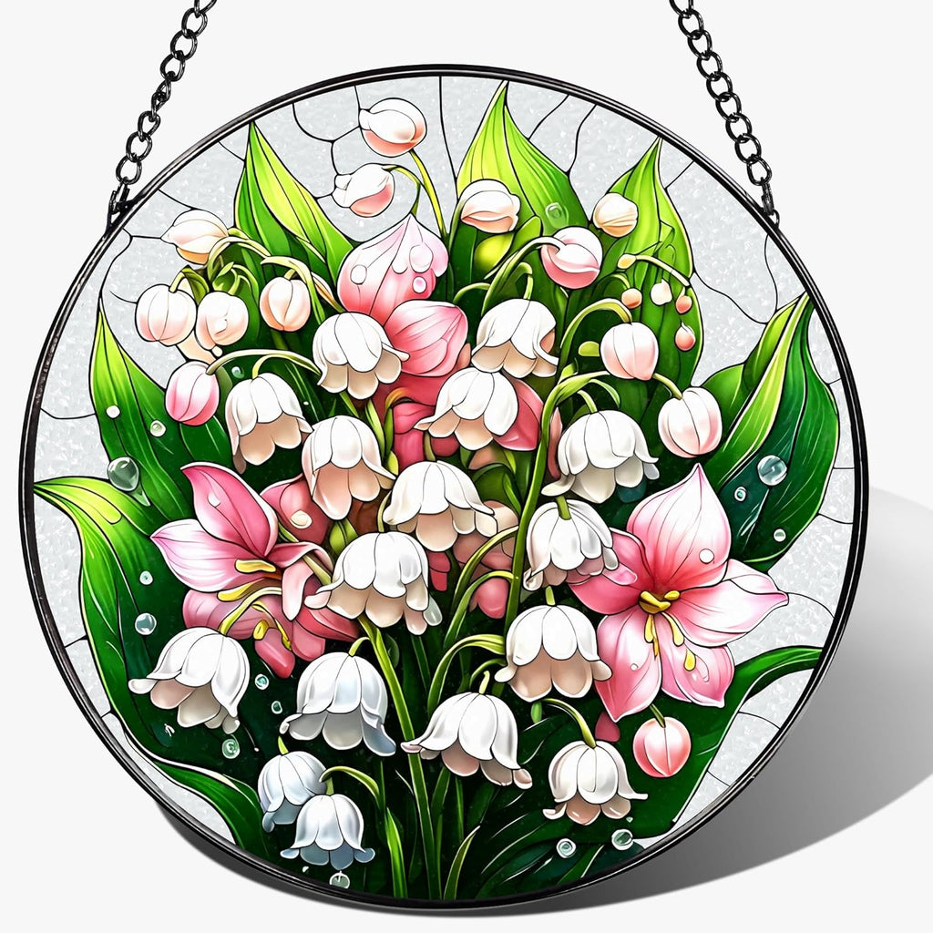 8-Inch Stained Glass Ornament, Stained Glass Window Hanging, Window Hanging Decor Suncatcher, The Valley Lily Flower Ornament | Holiday, Mother's Day, Birthday | Gifts for Flower Lovers, Mom & Grandma