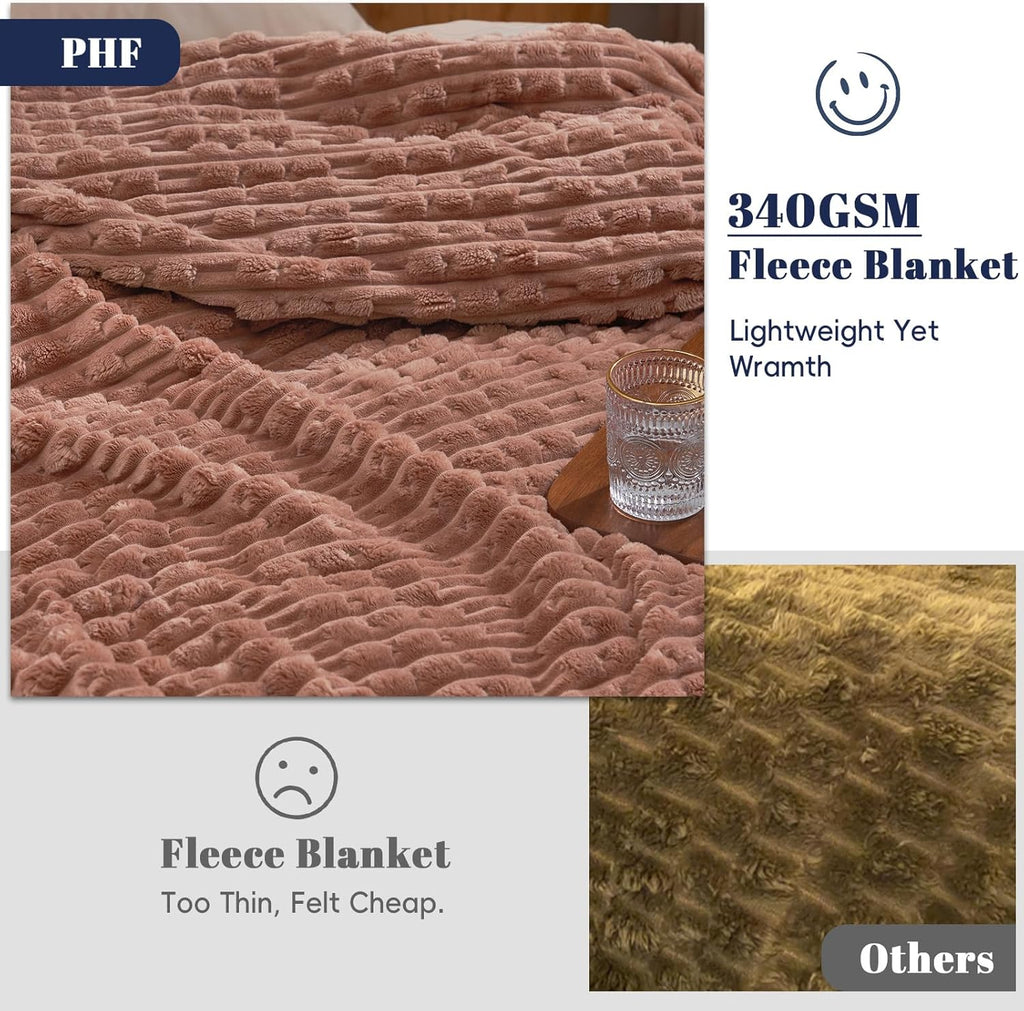 PHF Ultra Soft Flannel Fleece Blanket King Size, Lightweight 3D Jacquard Fleece Blanket, No Shedding, No Pilling, Luxury 340GSM Aesthetic Fluffy Cozy for Bed Room Decor, 108"x90", Mocha Mousse