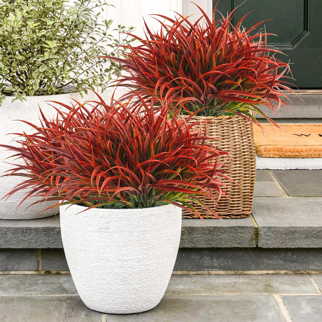 Uieke 28 Bundles Artificial Outdoor Plants UV Resistant Fake Grass Plants Faux Plastic Plants Greenery Shrubs for Home Garden Pathway Window Box Front Porch Cemetery Fall Decor, Autumn Red