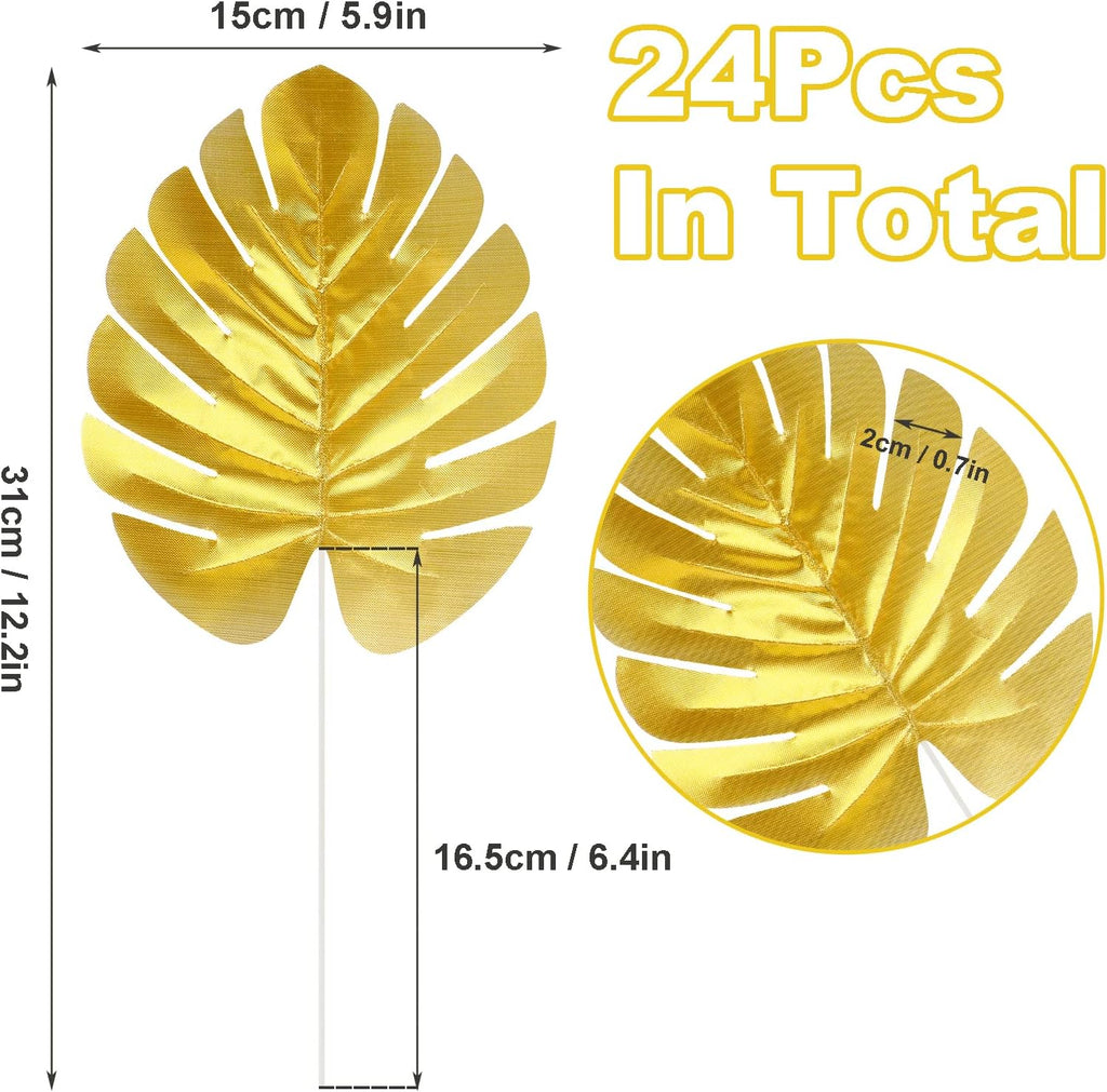 KIMOBER 24PCS Artificial Gold Palm Leaves, Golden Faux Tropical Monstera Leaves Realistic Artificial Plants Leaf for Home Hawaiian Luau Party Jungle Beach Decorations