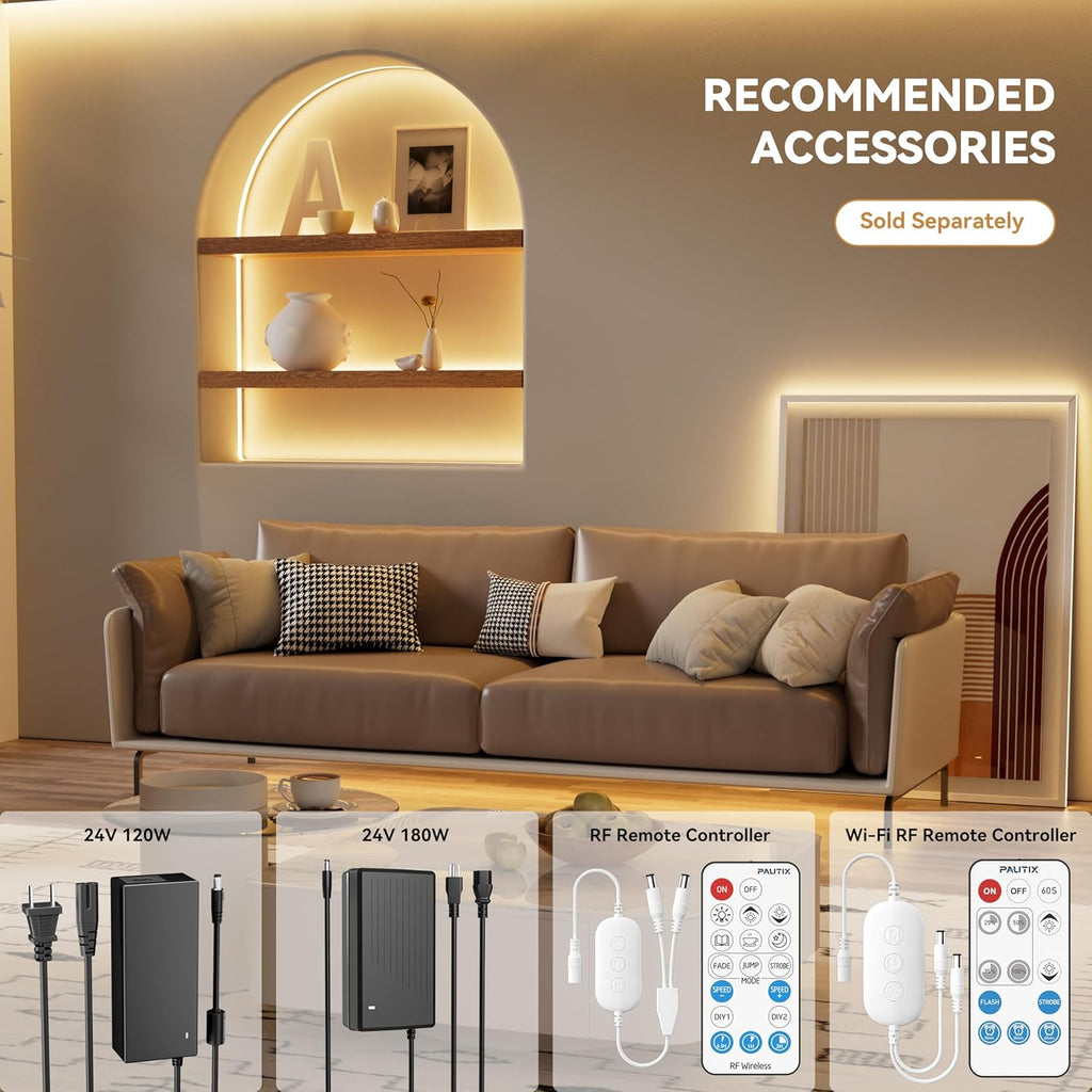 PAUTIX COB LED Strip Lights 48ft/15m Super Bright,504 LEDs/m Warm White 2700K CRI90+ Flexible LED Tape,DC24V for Cabinet Home DIY Lighting Projects with 2pcs COB Connector(Power Supply Not Included)