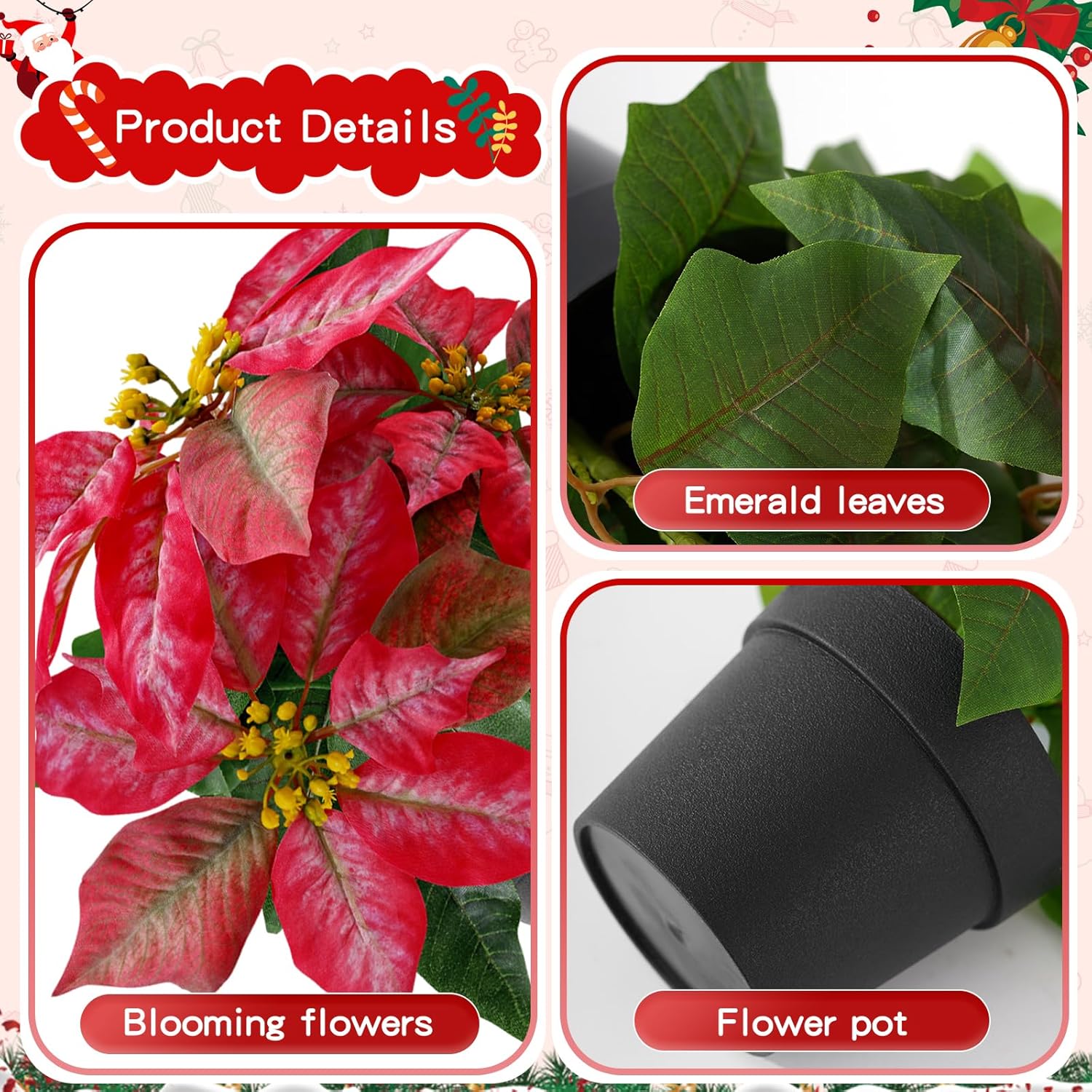 Poinsettias Artificial Christmas Flowers Tabletop 2 Pack Small Poinsettia Plant Artificial 9 Inch Red Faux Winter Flowers for Xmas Ornament Porch Home Garden Decorations