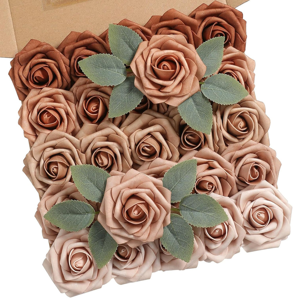 Artificial Flowers Real Looking Dusty Rose Colors Foam Fake Roses with Stems 25pcs for DIY Wedding Bridal Shower Centerpieces Tables Decorations Party