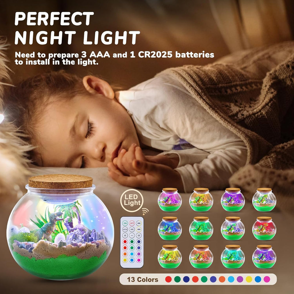 JoyCat Dinosaur Terrarium Kit Night Light for Kids,12 Colors+4 Dimmable Levels, Remote+Timer Press Night Light for Baby Nursery Lamp, Portable Toddler Lamp Gifts