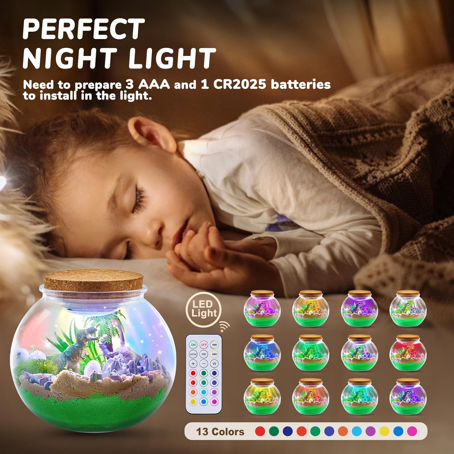JoyCat Dinosaur Terrarium Kit Night Light for Kids,12 Colors+4 Dimmable Levels, Remote+Timer Press Night Light for Baby Nursery Lamp, Portable Toddler Lamp Gifts