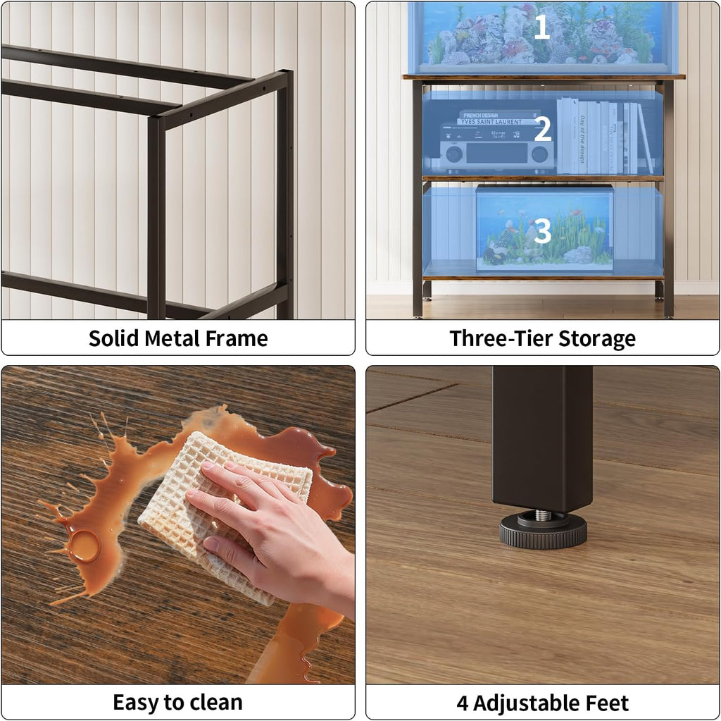 APPLOYN 40-50 Gallon Fish Tank Stand, Aquarium Stand with 3-Tier Storage Shelf, Heavy Duty Metal Frame for Turtle Reptile Terrarium Tank Stand, for Living Room, Office, 36.6" L x 18.9" W x 31.5" H, Black, Vintage Brown