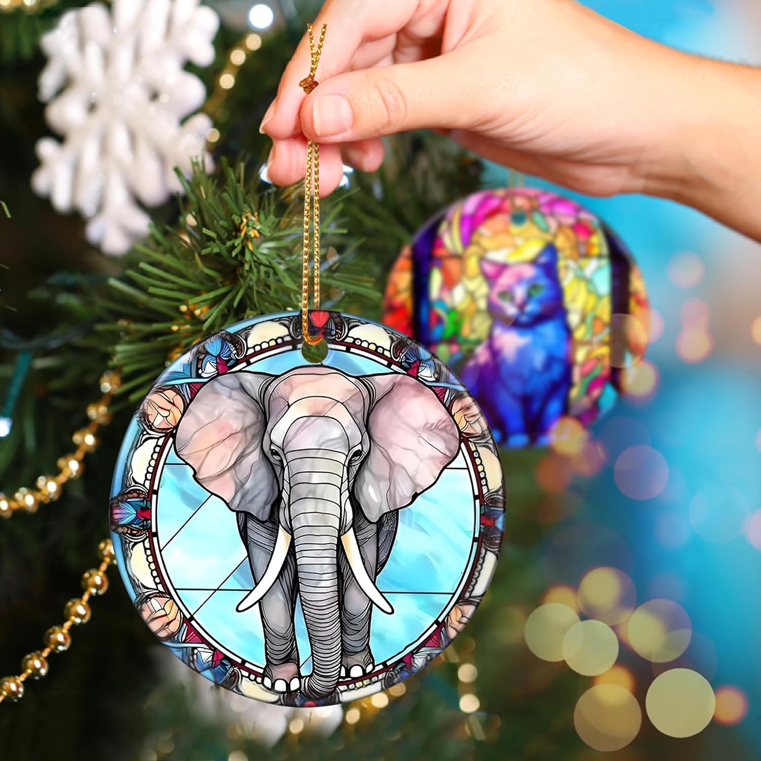 Touber Christmas Ornament, Christmas Decoration, Holiday Present Idea, Heirloom Keepsake, Round Ceramic, Gift Exchange, Gift Idea, Elephant