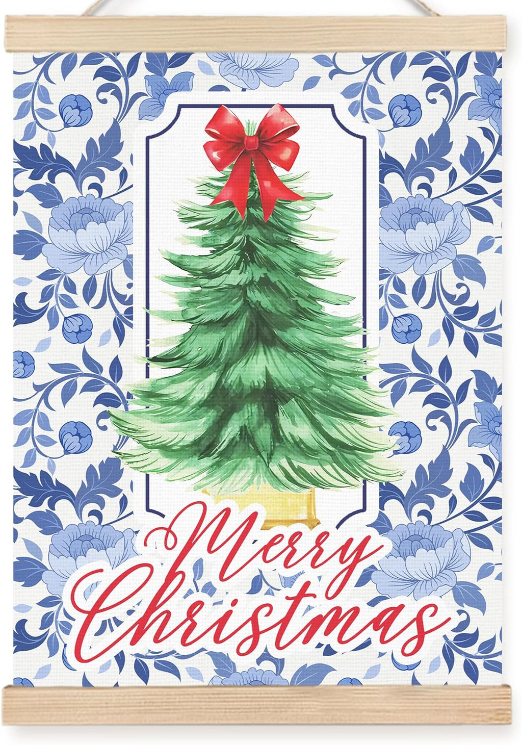 FDHSPAAM Blue and White Floal Chinoiserie Christmas Tree Wall Art Decor, Grandmillennial Christmas Decor, Preppy Red Bow Pine Tree Wall Art Posters for Home Bedroom Living Room, 12x16 Inch