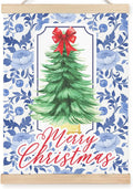 FDHSPAAM Blue and White Floal Chinoiserie Christmas Tree Wall Art Decor, Grandmillennial Christmas Decor, Preppy Red Bow Pine Tree Wall Art Posters for Home Bedroom Living Room, 12x16 Inch