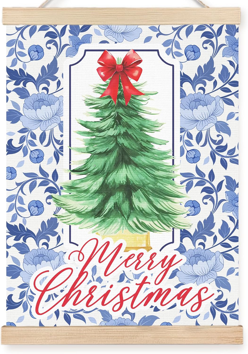 FDHSPAAM Blue and White Floal Chinoiserie Christmas Tree Wall Art Decor, Grandmillennial Christmas Decor, Preppy Red Bow Pine Tree Wall Art Posters for Home Bedroom Living Room, 12x16 Inch